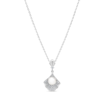 Sterling Silver 925 Necklace Rhodium Plated Embedded With Natural White Pearl And White Zircon