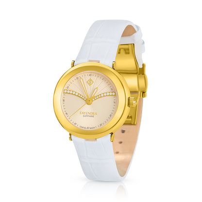 ساعة ستانلس ستيل عيار L316 بلون ذهبى جلد ابيض و فص ابيض -  مينا معدنية باللون الذهبي الفاتح  