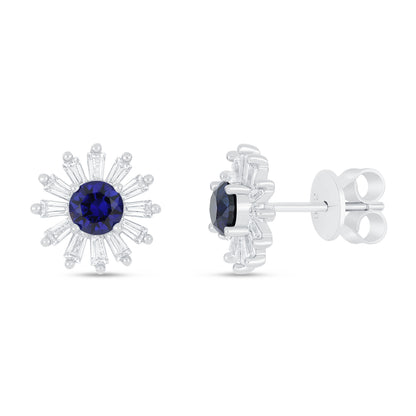 Sterling Silver 925 Earring Rhodium Plated Embedded With Sapphire Corundum And White Zircon