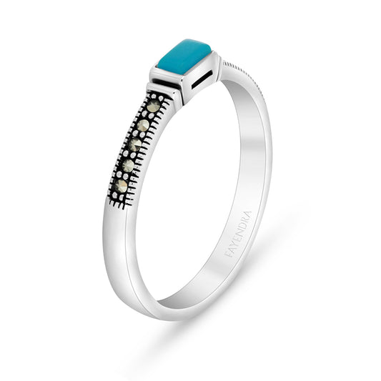Sterling Silver 925 Ring Embedded With Natural Processed Turquoise And Marcasite Stones