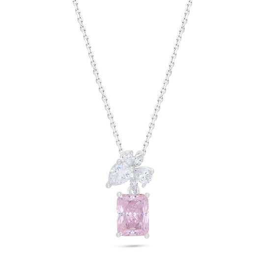 Sterling Silver 925 Necklace Rhodium Plated Embedded With pink Zircon And White Zircon