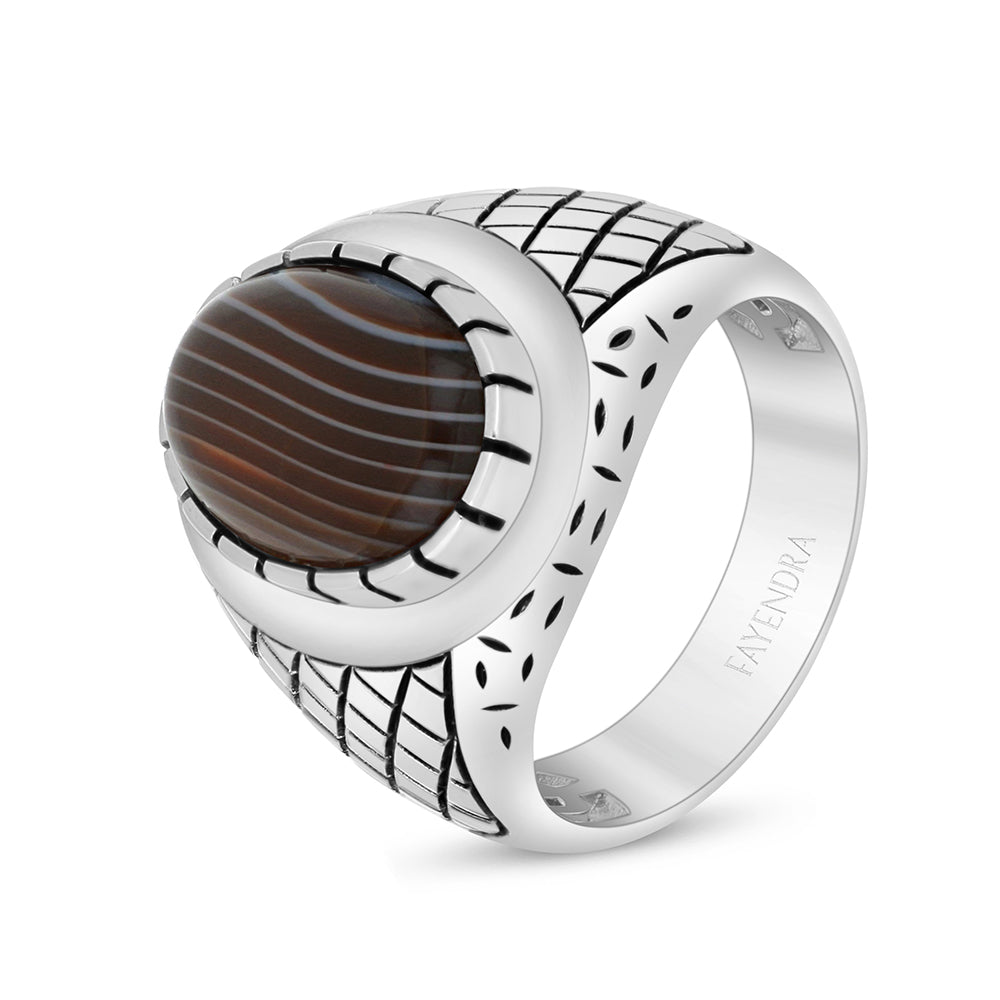 Sterling Silver 925 Ring Rhodium And Black Plated Embedded With Cabochon Botswana Agate For Men