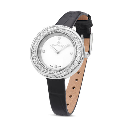 Stainless Steel 316 Watch Silver Color Black Leather Embedded With White Zircon - White MOP DIAL