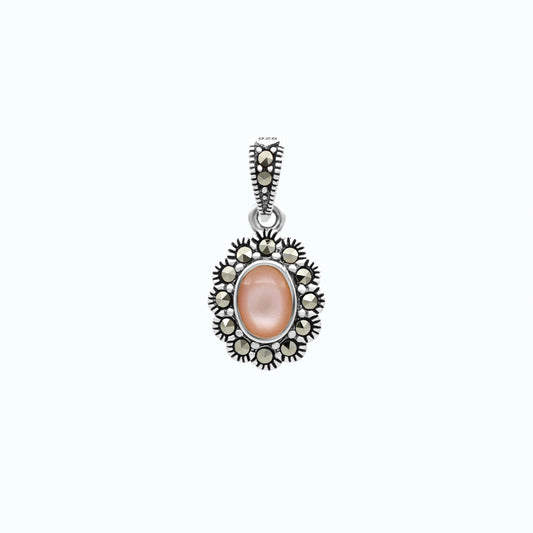 Sterling Silver 925 Pendant Embedded With Natural Pink Shell And Marcasite Stones
