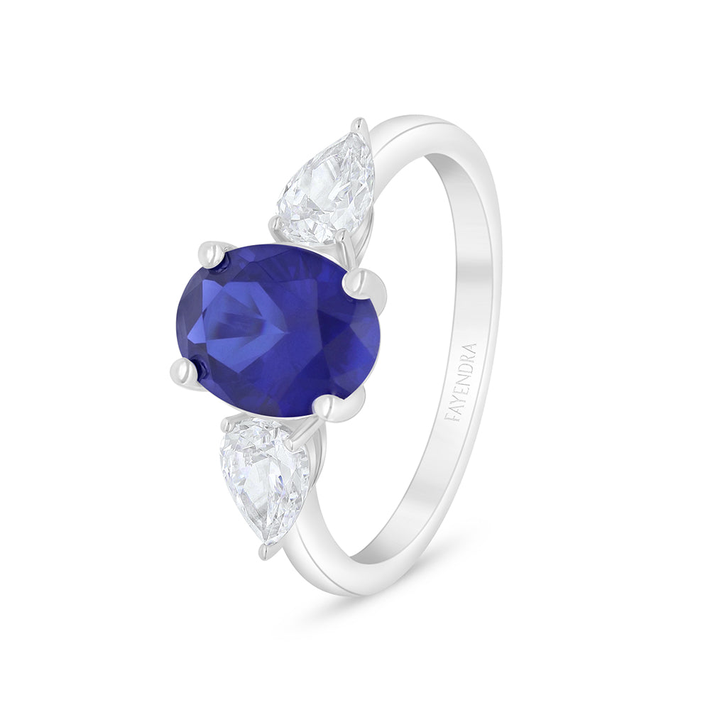Sterling Silver 925 Ring Rhodium Plated Embedded With Sapphire Corundum And White Zircon