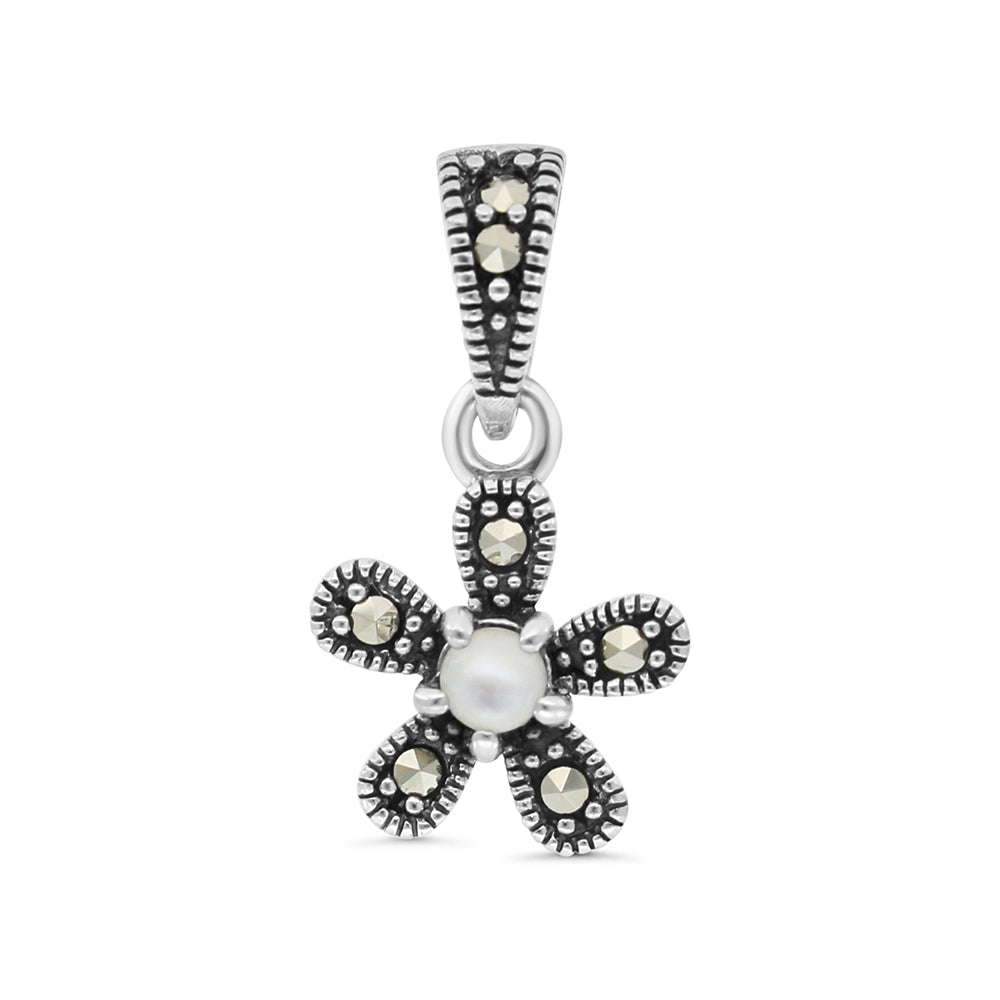 Sterling Silver 925 Pendant Embedded With Natural White Shell And Marcasite Stones