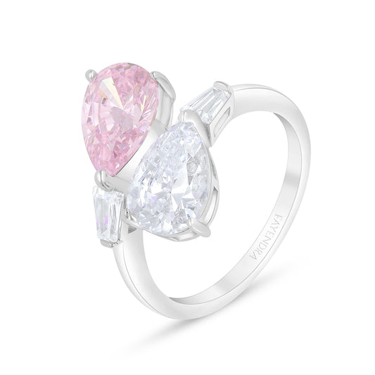 Sterling Silver 925 Ring Rhodium Plated Embedded With Pink Zircon And White Zircon