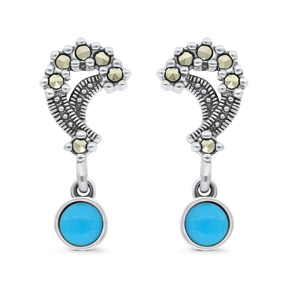 Sterling Silver 925 Earring Embedded With Natural Processed Turquoise And Marcasite Stones