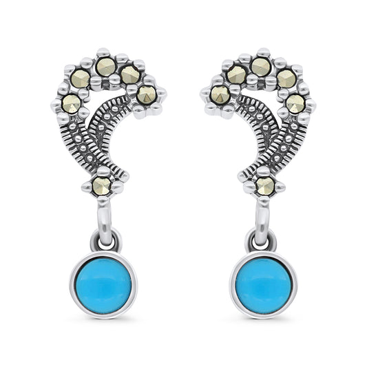 Sterling Silver 925 Earring Embedded With Natural Processed Turquoise And Marcasite Stones