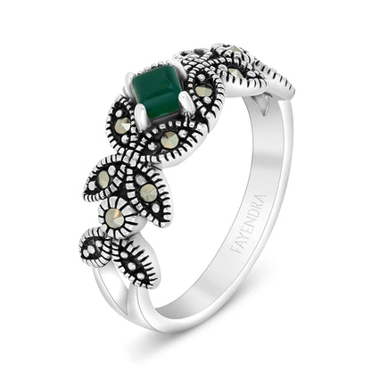 Sterling Silver 925 Ring Embedded With Natural Green Agate And Marcasite Stones