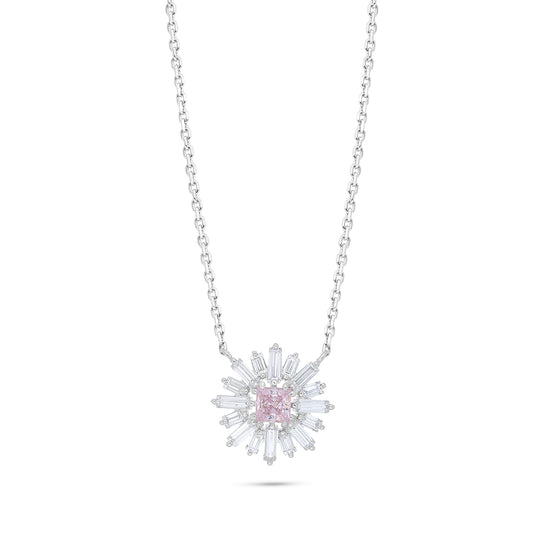 Sterling Silver 925 Necklace Rhodium Plated Embedded With Pink Zircon And White Zircon