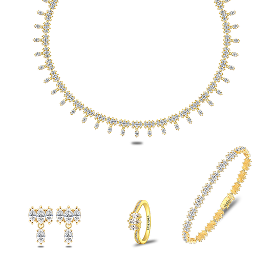 طقم من الفضة الخالصة عيار 925 مطلي ذهبي مرصع فص ابيض