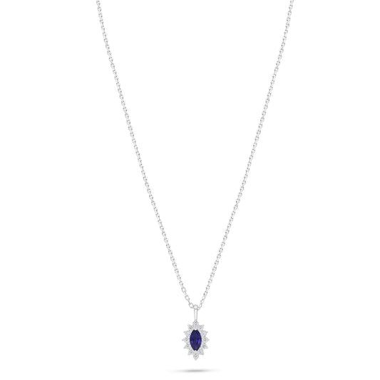 Sterling Silver 925 Necklace Rhodium Plated Embedded With Sapphire Corundum And White Zircon