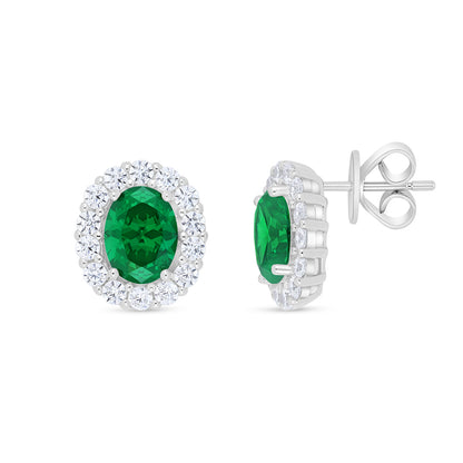 Sterling Silver 925 Earring Rhodium Plated Embedded With Emerald Zircon And White Zircon