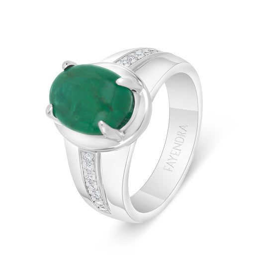 خاتم رجالي عيار 925 مطلي روديوم مرصع بحجر الزمرد الطبيعي و الالماس الطبيعي سي في دي جودة في في اس