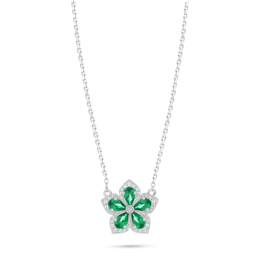 Sterling Silver 925 Necklace Rhodium Plated Embedded With Emerald Zircon And White Zircon