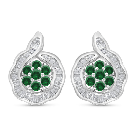 Sterling Silver 925 Earring Rhodium Plated Embedded With Emerald Zircon And White Zircon