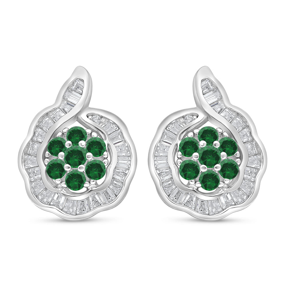 Sterling Silver 925 Earring Rhodium Plated Embedded With Emerald Zircon And White Zircon