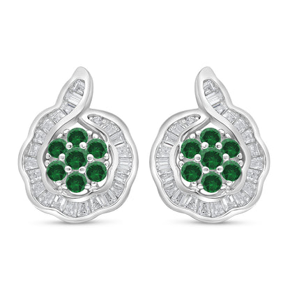 Sterling Silver 925 Earring Rhodium Plated Embedded With Emerald Zircon And White Zircon