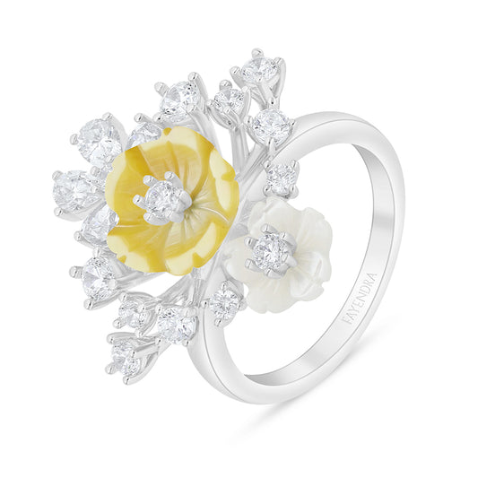 Sterling Silver 925 Ring Rhodium Plated Embedded With Yellow Shell And White Zircon