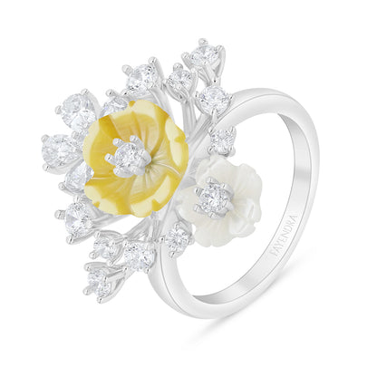 Sterling Silver 925 Ring Rhodium Plated Embedded With Yellow Shell And White Zircon