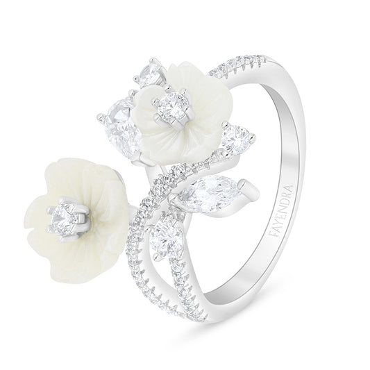 Sterling Silver 925 Ring Rhodium Plated Embedded With White Shell And White Zircon