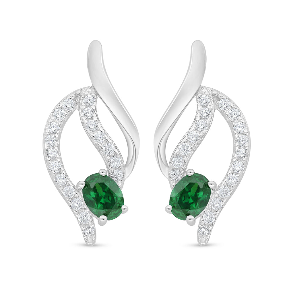 Sterling Silver 925 Earring Rhodium Plated Embedded With Emerald Zircon And White Zircon