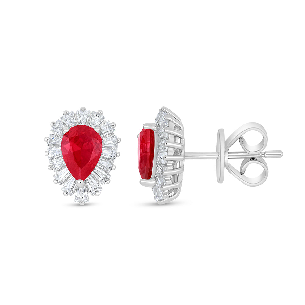 Sterling Silver 925 Earring Rhodium Plated Embedded With Ruby Corundum And White Zircon