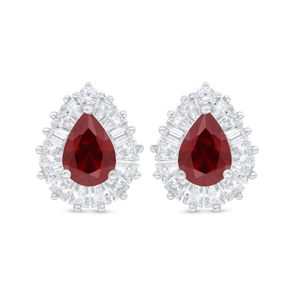 Sterling Silver 925 Earring Rhodium Plated Embedded With Ruby Corundum And White Zircon