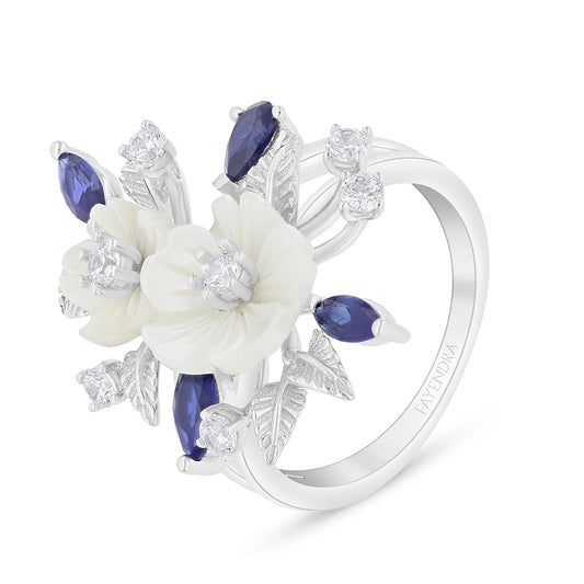 Sterling Silver 925 Ring Rhodium Plated Embedded With White Shell And Sapphire Corundum