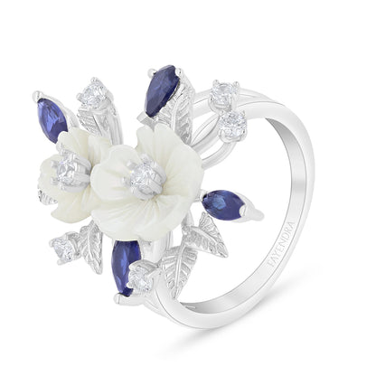 Sterling Silver 925 Ring Rhodium Plated Embedded With White Shell And Sapphire Corundum