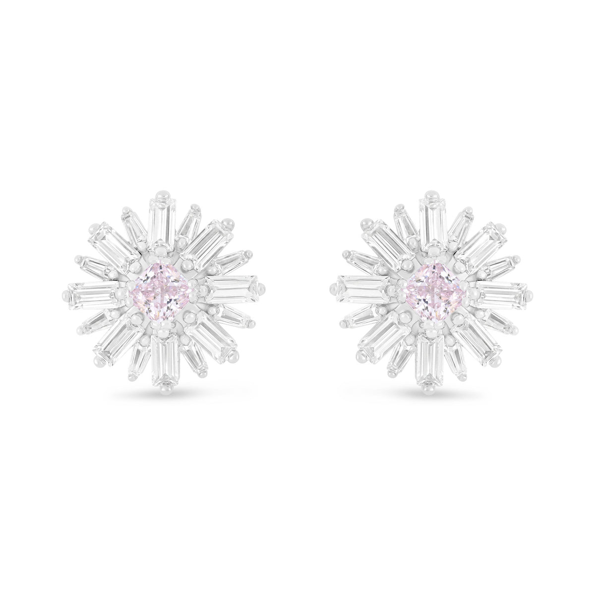 Sterling Silver 925 Earring Rhodium Plated Embedded With Pink Zircon And White Zircon