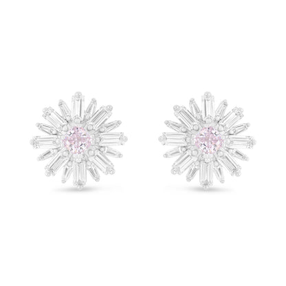 Sterling Silver 925 Earring Rhodium Plated Embedded With Pink Zircon And White Zircon