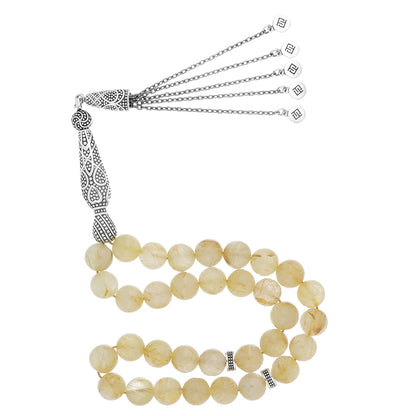 Rosary 33 Natural Rutile Round Bead 11 mm With Oxidized Silver 925 Set