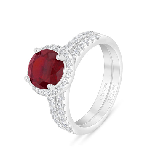 Sterling Silver 925 Ring (Twins) Rhodium Plated Embedded With Ruby Corundum And White Zircon