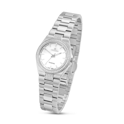 Stainless Steel 316L Watch Silver Color Embedded With CVD Diamonds - WHITE MOP DIAL