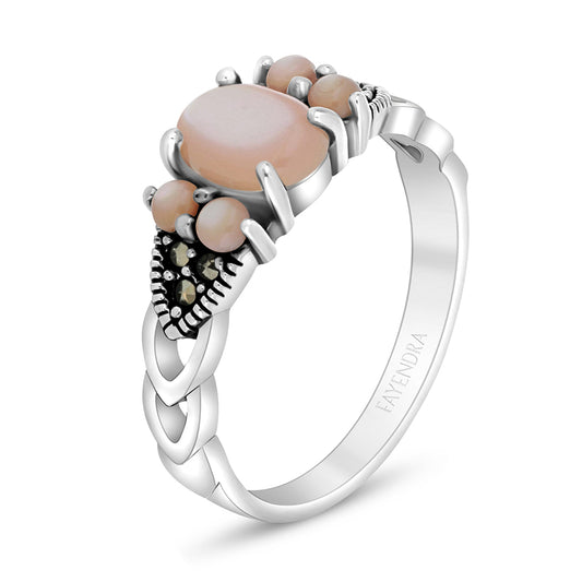 Sterling Silver 925 Ring Embedded With Natural Pink Shell And Marcasite Stones