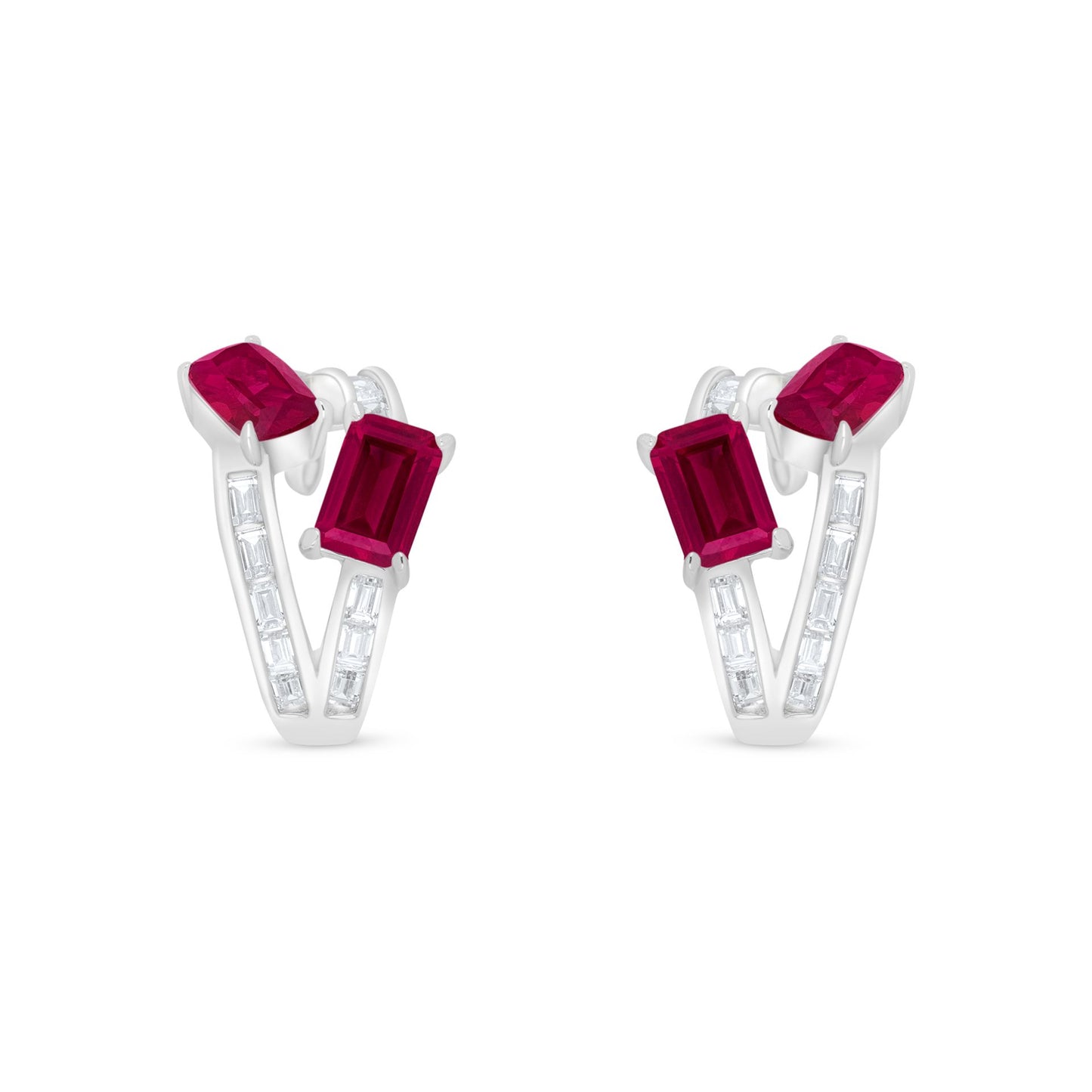 Sterling Silver 925 Earring Rhodium Plated Embedded With Ruby Corundum And White Zircon