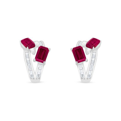 Sterling Silver 925 Earring Rhodium Plated Embedded With Ruby Corundum And White Zircon