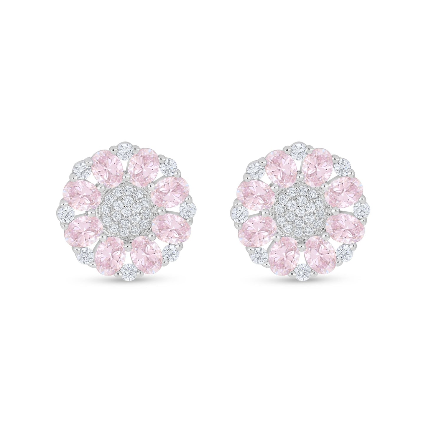 Sterling Silver 925 Earring Rhodium Plated Embedded With pink Zircon And White Zircon