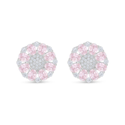 Sterling Silver 925 Earring Rhodium Plated Embedded With pink Zircon And White Zircon