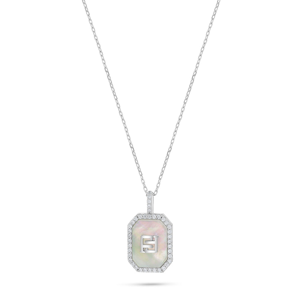 Sterling Silver 925 Necklace Rhodium Plated Embedded With White Shell And White Zircon ( LOGO )عقد من الفضة الخالصة عيار 925 مطلي روديوم مرصع صدف ابيض و فص ابيض و ( LOGO )