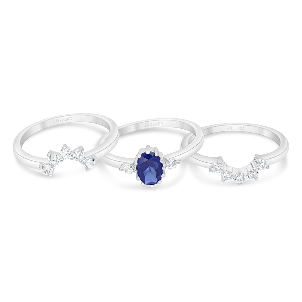 Sterling Silver 925 Ring (3pieces) Rhodium Plated Embedded  With Sapphire Zircon And White Zircon