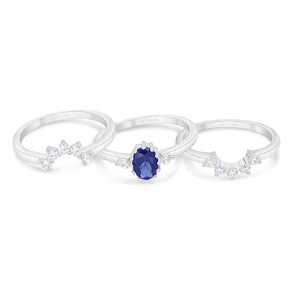 Sterling Silver 925 Ring (3pieces) Rhodium Plated Embedded  With Sapphire Zircon And White Zircon