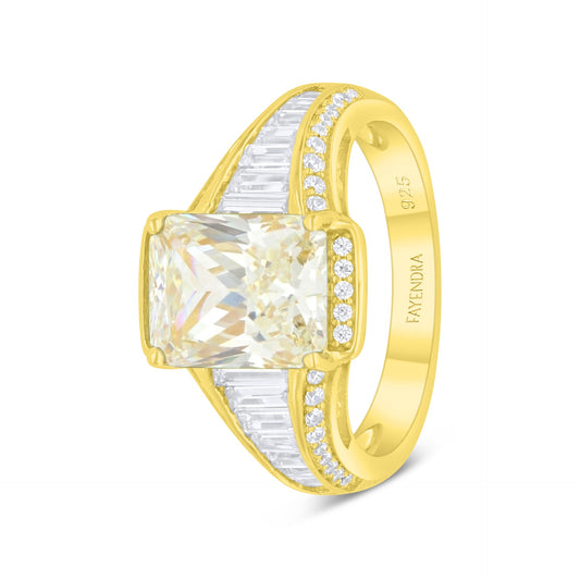 Sterling Silver 925 Ring Golden Plated Embedded With Yellow Diamond And White Zircon