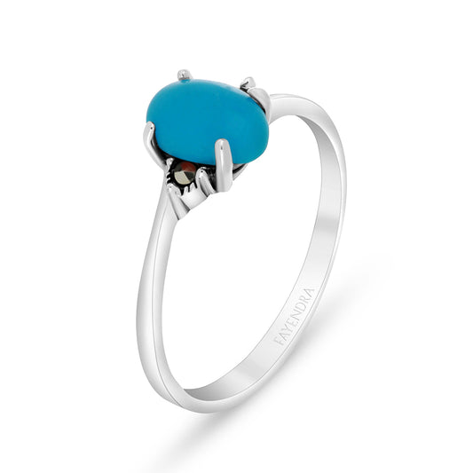 Sterling Silver 925 Ring Embedded With Natural Processed Turquoise And Marcasite Stones