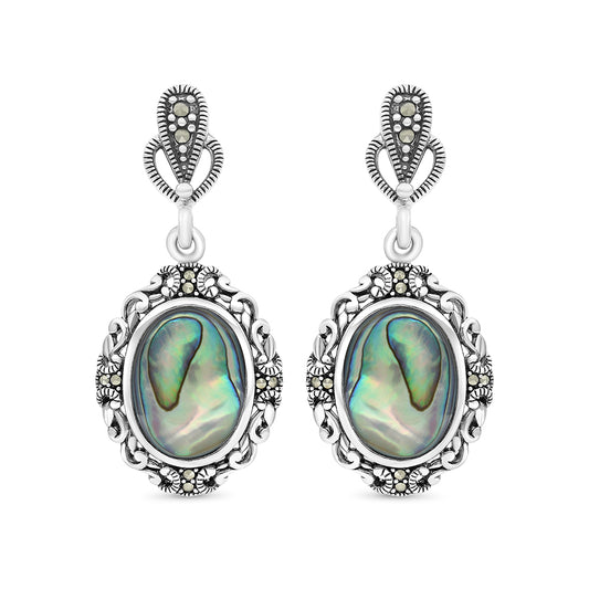 Sterling Silver 925 Earring Embedded With Natural Blue Shell And Marcasite Stones