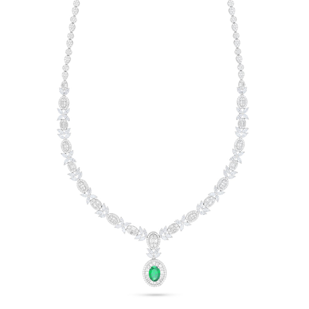 Sterling Silver 925 Set Rhodium Plated Embedded With Emerald Zircon And White Zircon