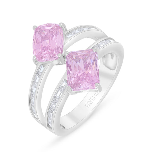 Sterling Silver 925 Ring Rhodium Plated Embedded With Pink Zircon And White Zircon
