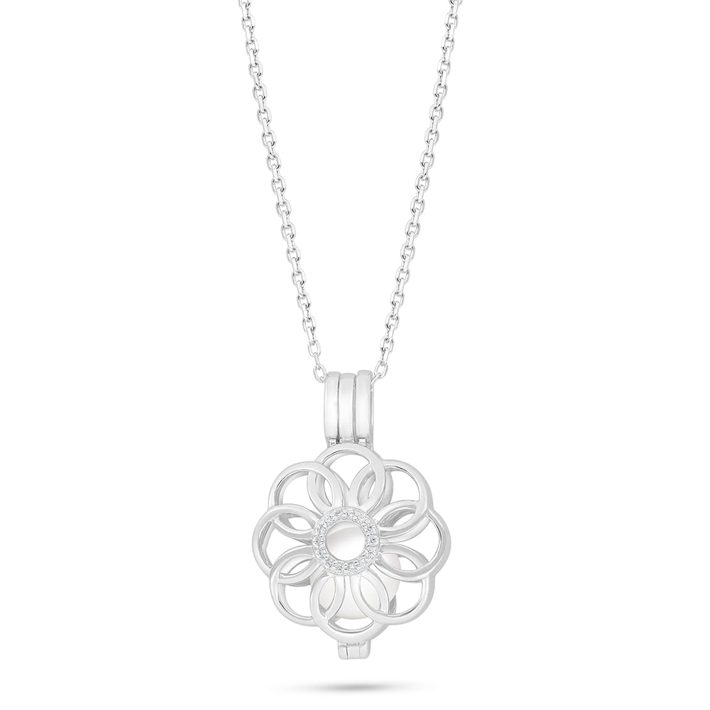 عقد من الفضة الخالصة عيار 925 مطلي روديوم مرصع لولو ابيض طبيعي و فص ابيض